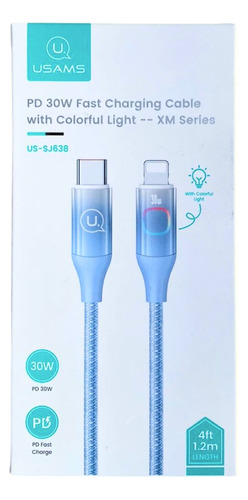 Cable Tipo C A Lightning Usams 30w Pd 1.2m Azul Con Luz Led