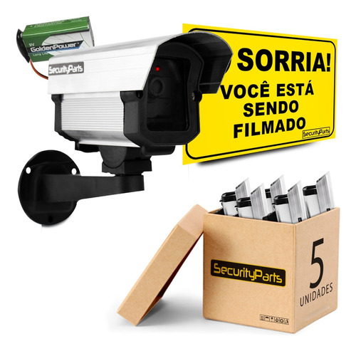 Kit 5 Câmera Falsa C/ Led Bateria Sem Fio + Placas Security