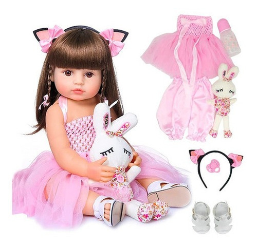 Bebê Reborn Baby Boneca Cabelos Castanhos + Enxoval Completo