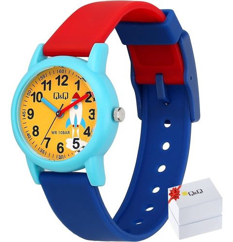 Reloj Q&q Niño Números  Y Manecillas Azul Cohete Contra Agua