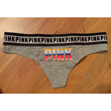 Calzón Tanga Victoria's Secret Pink Gris Lineas Letras Xs!!