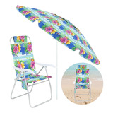 Kit Para Praia Floral Guarda-sol 2,40 M + Cadeira Dobrável
