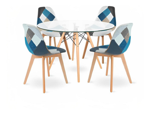 Comedor Mesa Eames Redonda Vidrio 100cm + 4 Sillas Patchwork