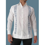 Guayabera Yucateca Grecas Manga Larga(bordado Azul Petróleo)