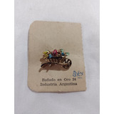 Antiguo Prendedor Broche 24k Bañado Oro Carreta Flores Rosa