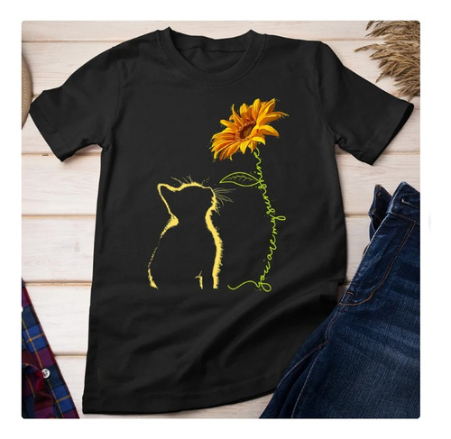 Polera Unisex Gato Gatito Girasol Algodon Estampado