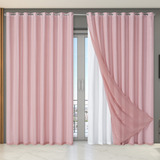 Cortina Dual Forro Com Voil Gaze Belga 2,70 M X 2,30 M Rosa