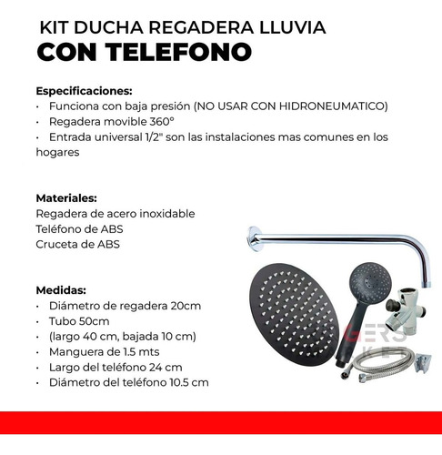 Kit De Ducha Regadera Lluvia Y Teléfono Cromada Baja Presión Acabado Mate Color Negro Mate