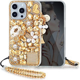 Funda Glamour Glitter Y Correa iPhone 14 Pro Max 6.7 Dorada