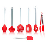 Jogo 7 Pç Colheres De Silicone Cabo Inox Utensílios Cozinha