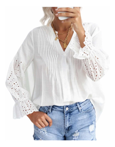 Camisa Broderie Importada Mujer Encaje Guipiur Crochet Blusa
