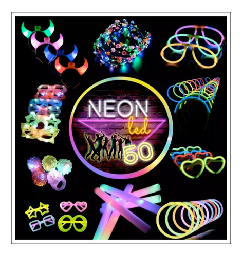 Combo Cotillon Luminoso Led Neon 50 Personas Fiesta Carioca