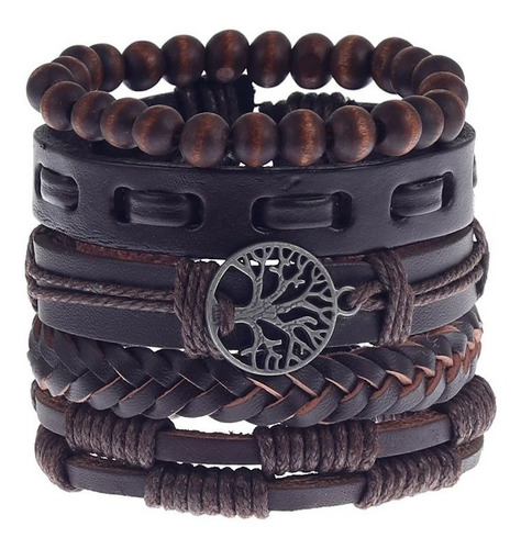 Pulsera Hombre Conjunto 5 En 1 Cuero Sintético Dije Arbol