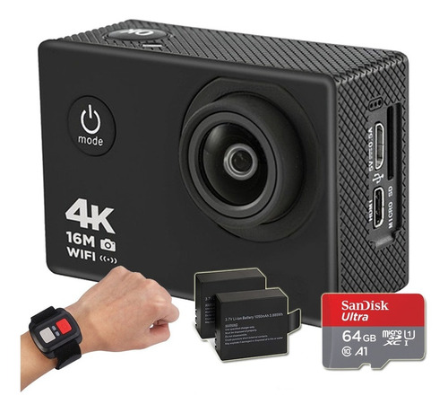 Cámara Deportiva 4k + Memoria 64 Gb + 2 Baterías 1050 Mha-.