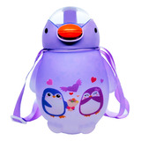 Botella Agua Pinguino Kawaii Con Stickers Y Correa 1500ml Color Morado