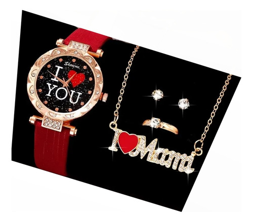 Juego Reloj Dama Anillo Collar Aretes I Love U Mamá 10 Mayo