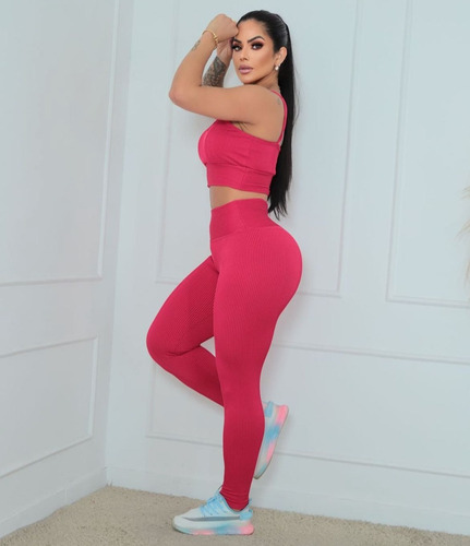 Conjunto Academia Canelado 3d Top Bojo Removível E Calça Leg