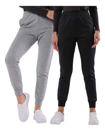 Kit 2 Calça Moletom Slim Jogger Feminina Bolso Flanelada