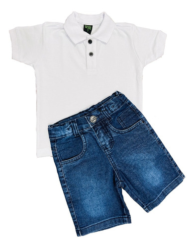 Kit Camisa Polo Infantil + Bermuda Jeans Menino 1 E 2 Oferta