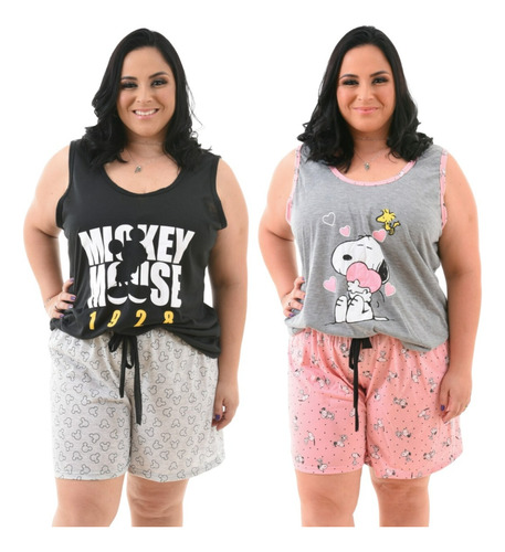 Kit 2 Pijamas Plus Size Feminino Baby Doll Camiseta Verão