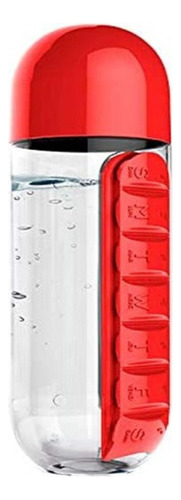 Botella Para Agua Con Pastillero 7 Compartimentos, 600ml Color Rojo