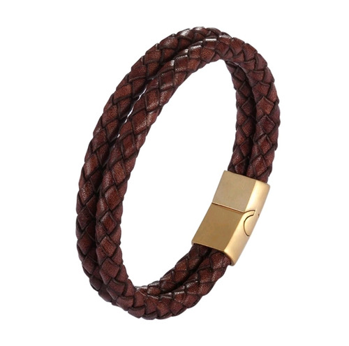 Pulsera De Cuero Cafe And Gold Claro Hombre Moda 2021