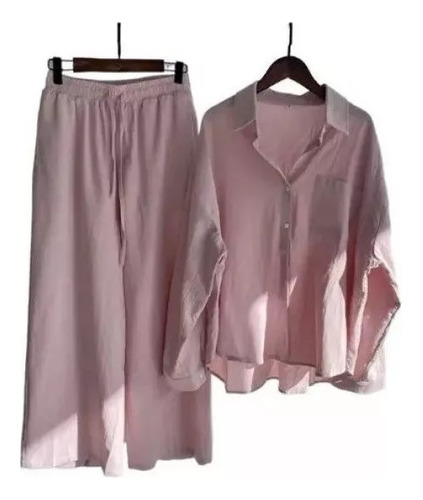 Conjunto De Camisa E Calça Feminina De Algodão E Linho