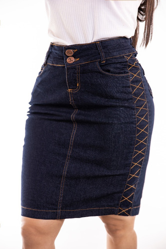 Saia Jeans Com Lycra Costura Lateral X Moda Evangélica R15