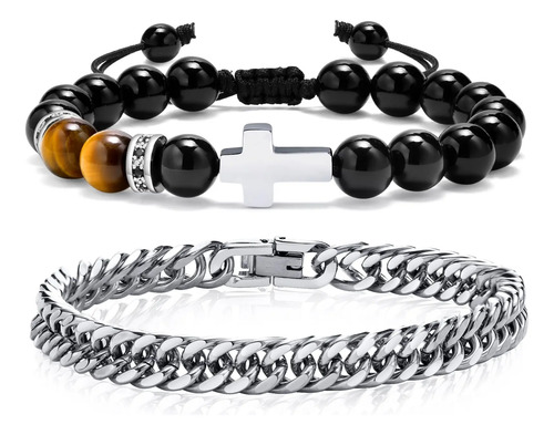Pulsera Hombre Acero Inoxidable Cruz Ojo De Tigre Negro