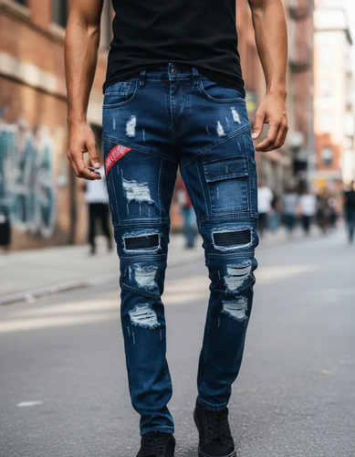Pantalón De Mezclilla Para Hombre Urbano, Roto Skinny M1100