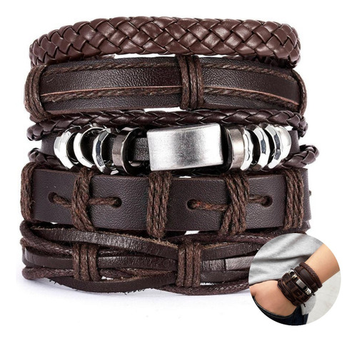 Conjunto Pulsera Brazalete Hombre 5 En 1 Cuero Con Enchapado