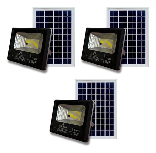 Kit 3 Refletor 100w Placa Solar Para Área Externa + Controle