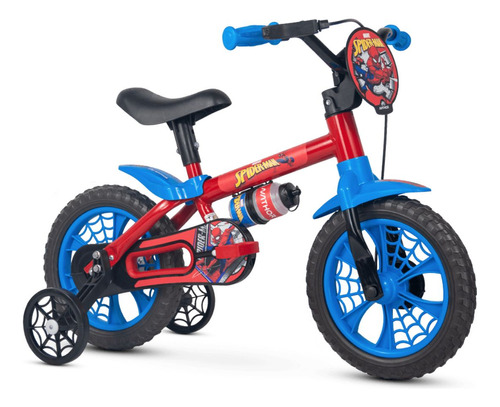 Bicicleta Aro 12 Spider Man Nathor - 3 Anos Com Rodinhas Cor Vermelho/celeste/preto