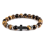 Pulsera Brazalete Hombre Piedra Natural Dije Cruz Ajustable Color Marrón