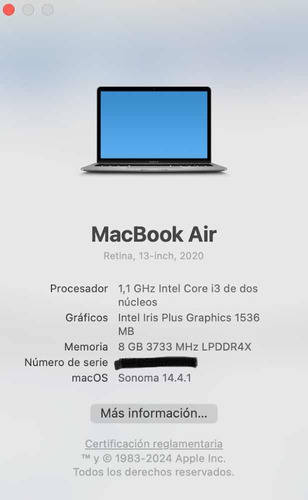 Macbook Air 13 2020 8gb Ram, 256 Gb Almacenamiento.
