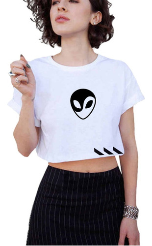  Blusa Crop Top Juvenil Negro/blanco Diseño Alien Yin Yang