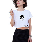  Blusa Crop Top Juvenil Negro/blanco Diseño Alien Yin Yang