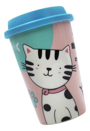 Vaso Termo Para Café Con Tapa Porcelana Diseño Gato 400ml Color Gato Tapa Azul