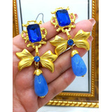 Aretes De Moño Azul Rey Chapa De Oro 8cm