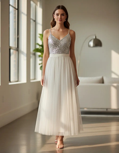 Vestido Largo Tul Lentejuela Tirantes Fiesta Noche Hmd13599