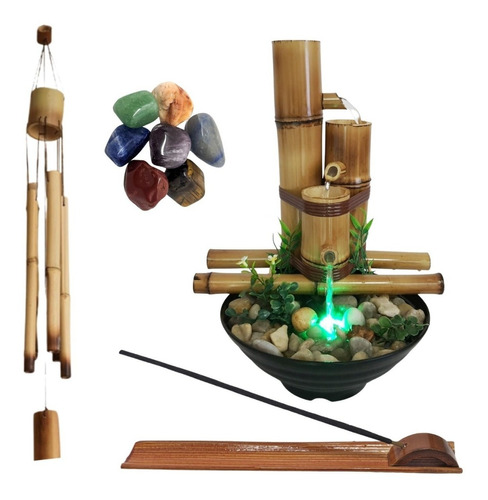 Kit Fonte Água Incensário Bambu Sino Ventos Pedra 7 Chakras 