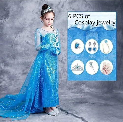 Vestido De Disfraces De Elsa Frozen +6 Accesorios Para Niños, Vestido De Malla Con Lentejuelas, Traje De Princesa Para Niñas, Fiesta Y Carnaval