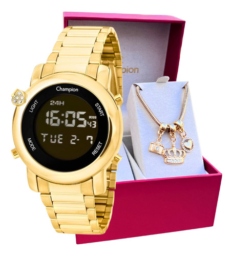 Relógio Champion Feminino Dourado Digital Luxo + Pulseira