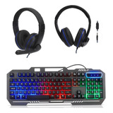 Kit Teclado Iluminado Gamer Semi Mecânico Led   Fone Headset