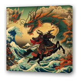 Cuadro 20x20cm Samurai Dragon Hokusai Pelea Epica Japon