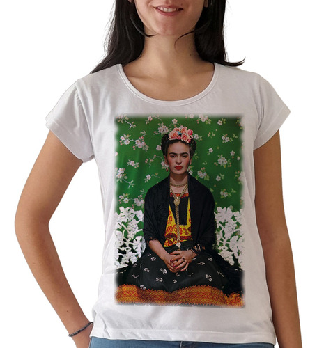 Remera Frida Kahlo  1 Mujer Manga Corta Blanca Purple Chick