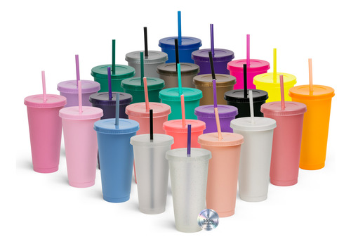 Pack De 70 Vasos Reutilizables Con Popote Bebida Fria 24oz