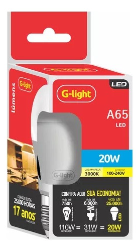 Kit 10 Lampadas De Led 20w A65 Branco Quente 3000k  G-light