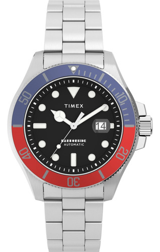 Reloj Timex Hombre Tw2v72100 Harborside Coast Automatic Color De La Malla Plateado Color Del Bisel Azul Y Rojo Color Del Fondo Negro