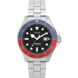 Reloj Timex Hombre Tw2v72100 Harborside Coast Automatic Color De La Malla Plateado Color Del Bisel Azul Y Rojo Color Del Fondo Negro